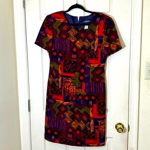 Women’s Vintage Sheath Dress Size 12 Retro Multicolor  Vibrant Geometric Pattern